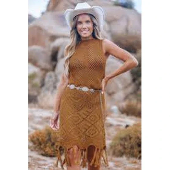 Cupshe NEW Rust Crochet Fringe Mini Dress Festival Mesh Boho Indie Hippie - Picture 2 of 12